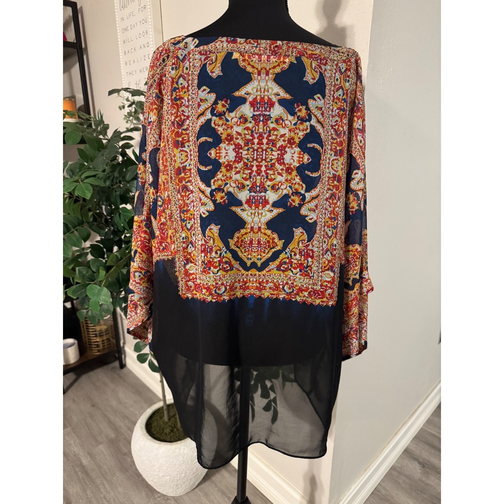 Violet + Claire Navy Red Paisley Batwing Chiffon Tunic Blouse Large
